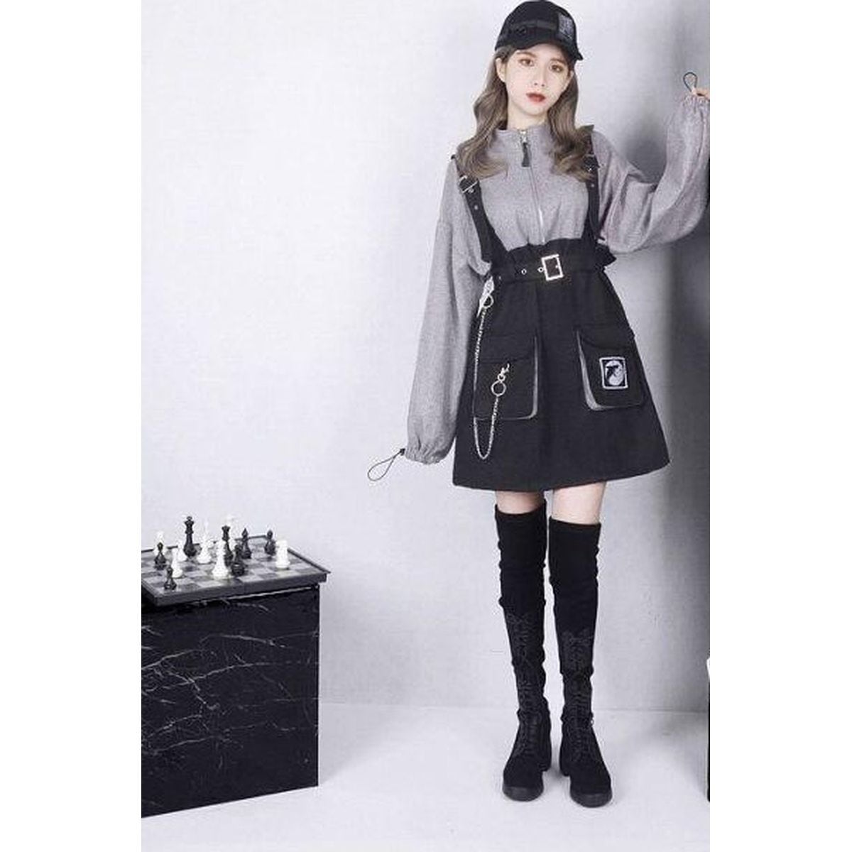 Stylish Felt Dress with Suspenders