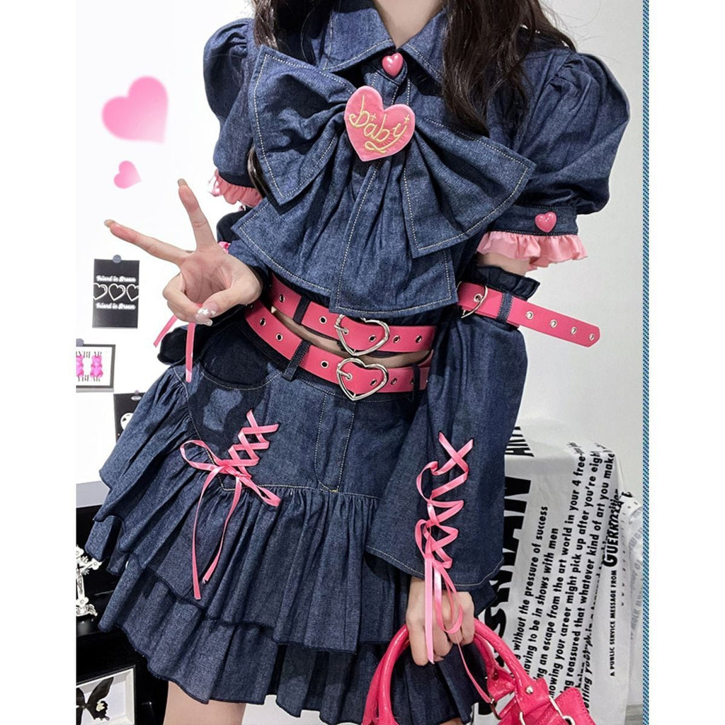 Y2K Mini Skirt Heart Denim Set