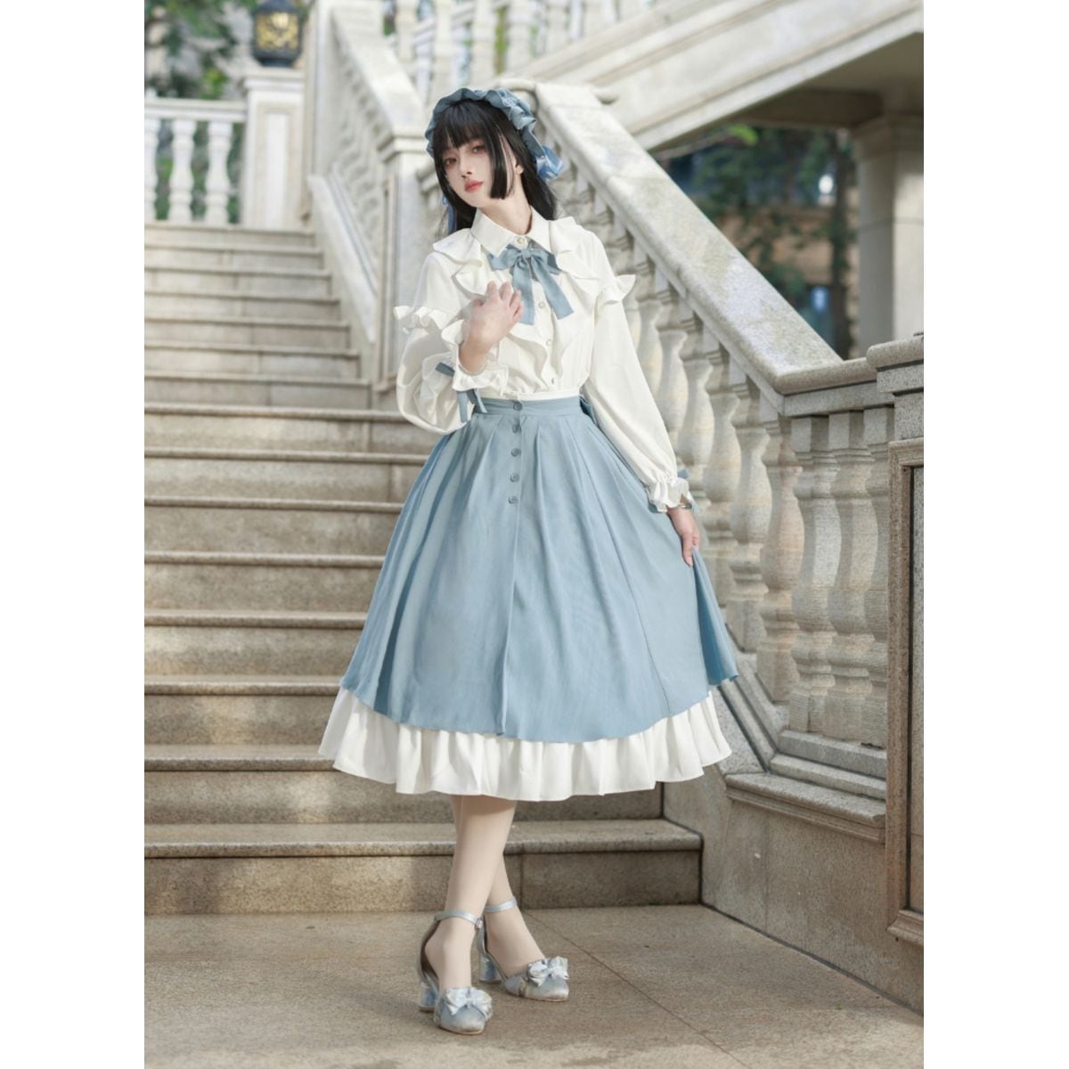 Elegant Sky Blue Ruffle Skirt Set