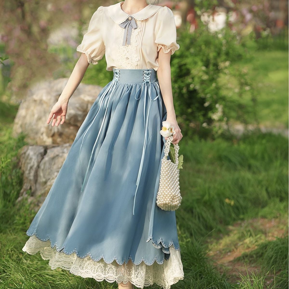 Frilled Sleeve Blouse and Lace-Up Maxi Skirt Set