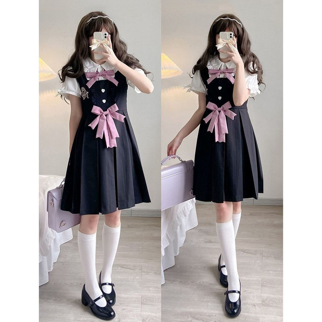 Cute Frill Blouse and Ribbon Jumper Skirt Set