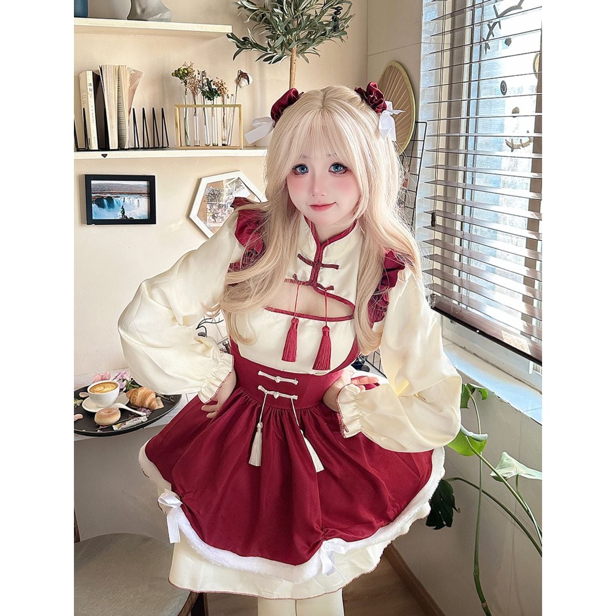 Red Frilled Maid Outfit with Chinese Design