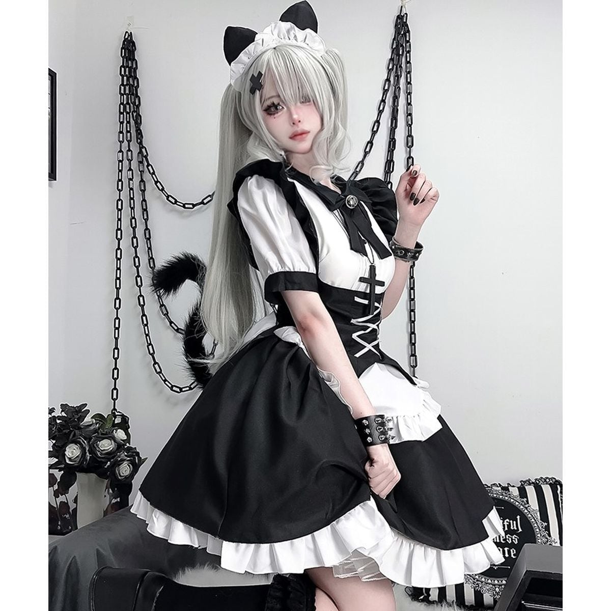 Gothic Lace-Up Frill Maid Dress