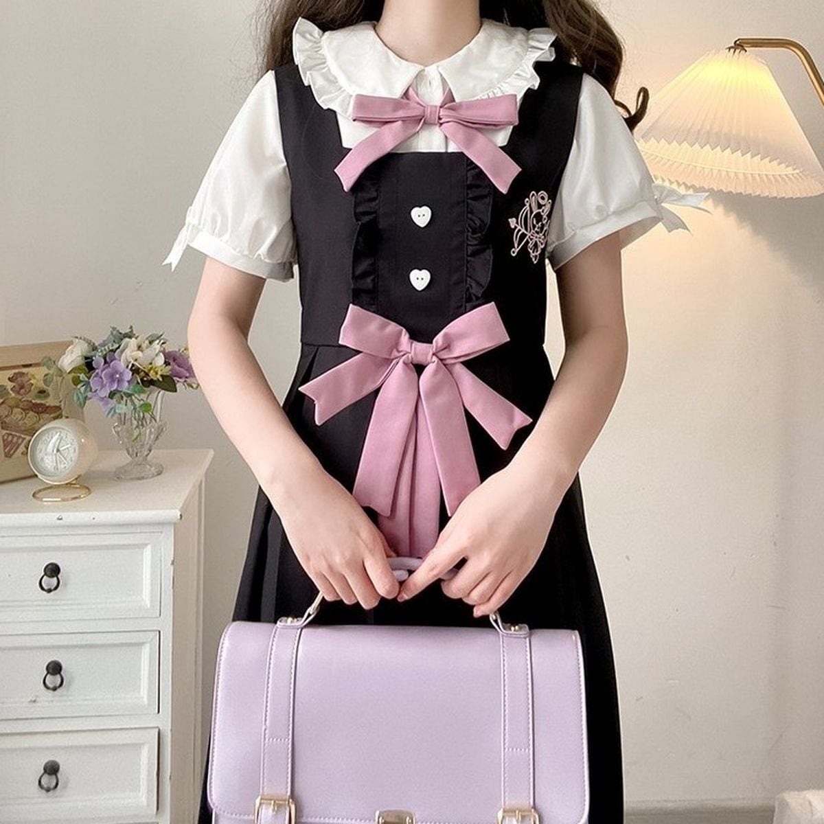 Cute Frill Blouse and Ribbon Jumper Skirt Set