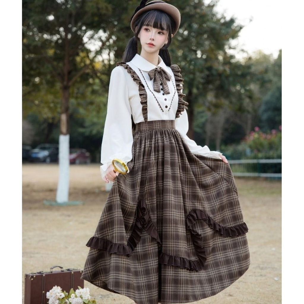 Brown Plaid Jumper Skirt Ensemble
