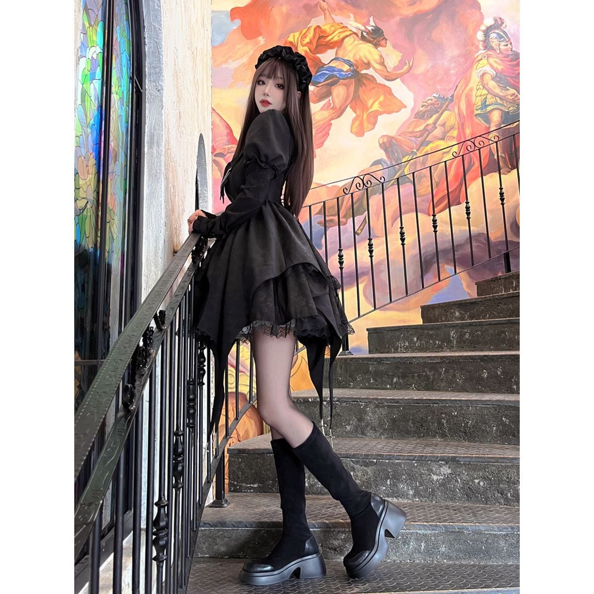 Gothic Chain-Embellished Frill Dress