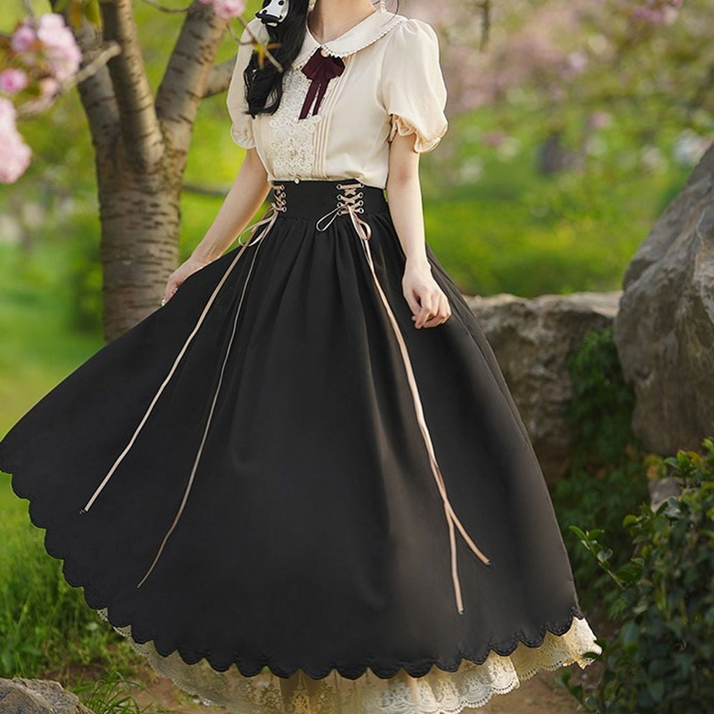 Frilled Sleeve Blouse and Lace-Up Maxi Skirt Set
