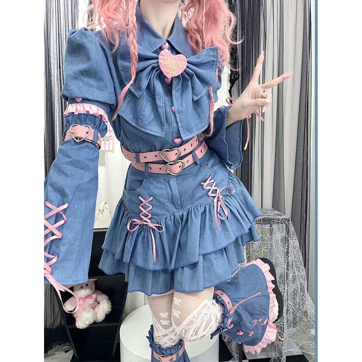 Y2K Mini Skirt Heart Denim Set