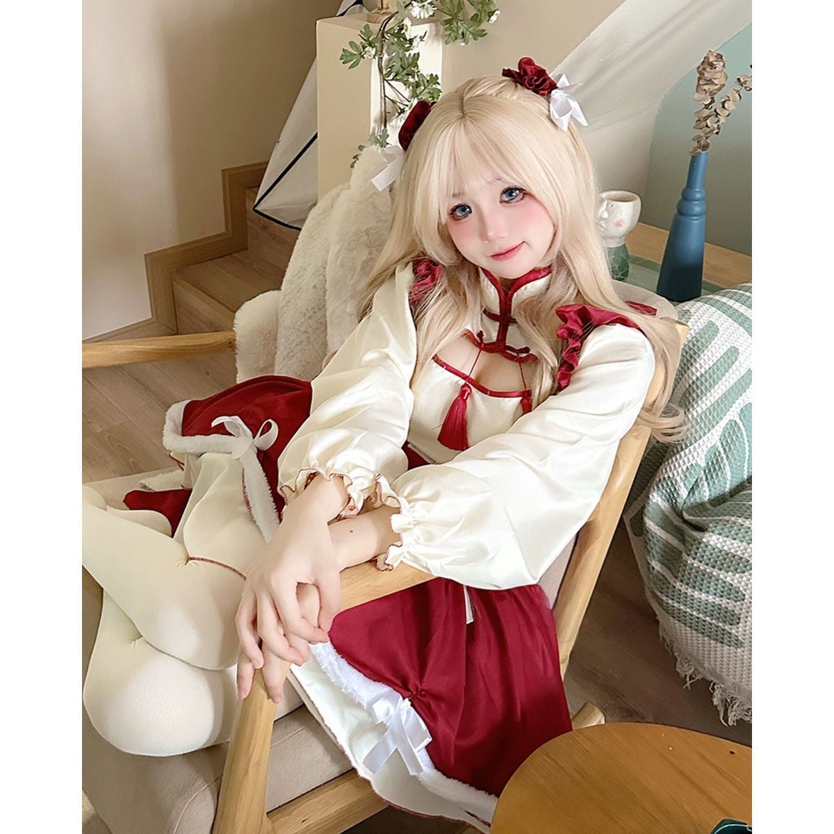 Red Frilled Maid Outfit with Chinese Design