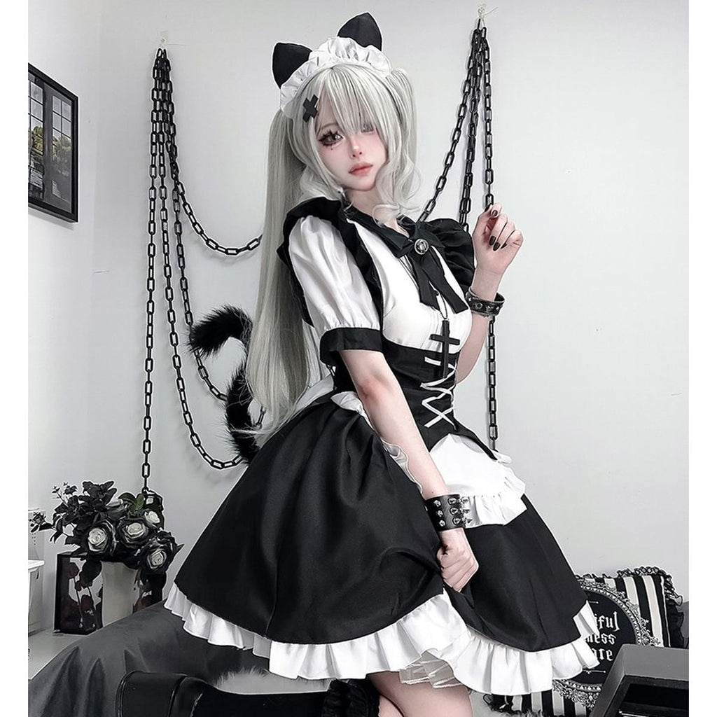 Gothic Lace-Up Frill Maid Dress