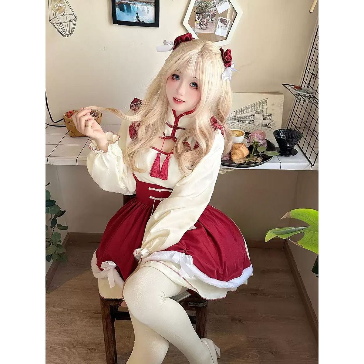 Red Frilled Maid Outfit with Chinese Design