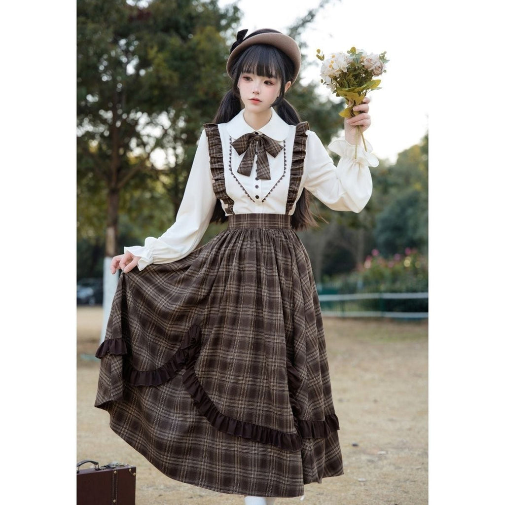 Brown Plaid Jumper Skirt Ensemble
