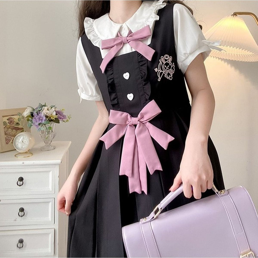 Cute Frill Blouse and Ribbon Jumper Skirt Set