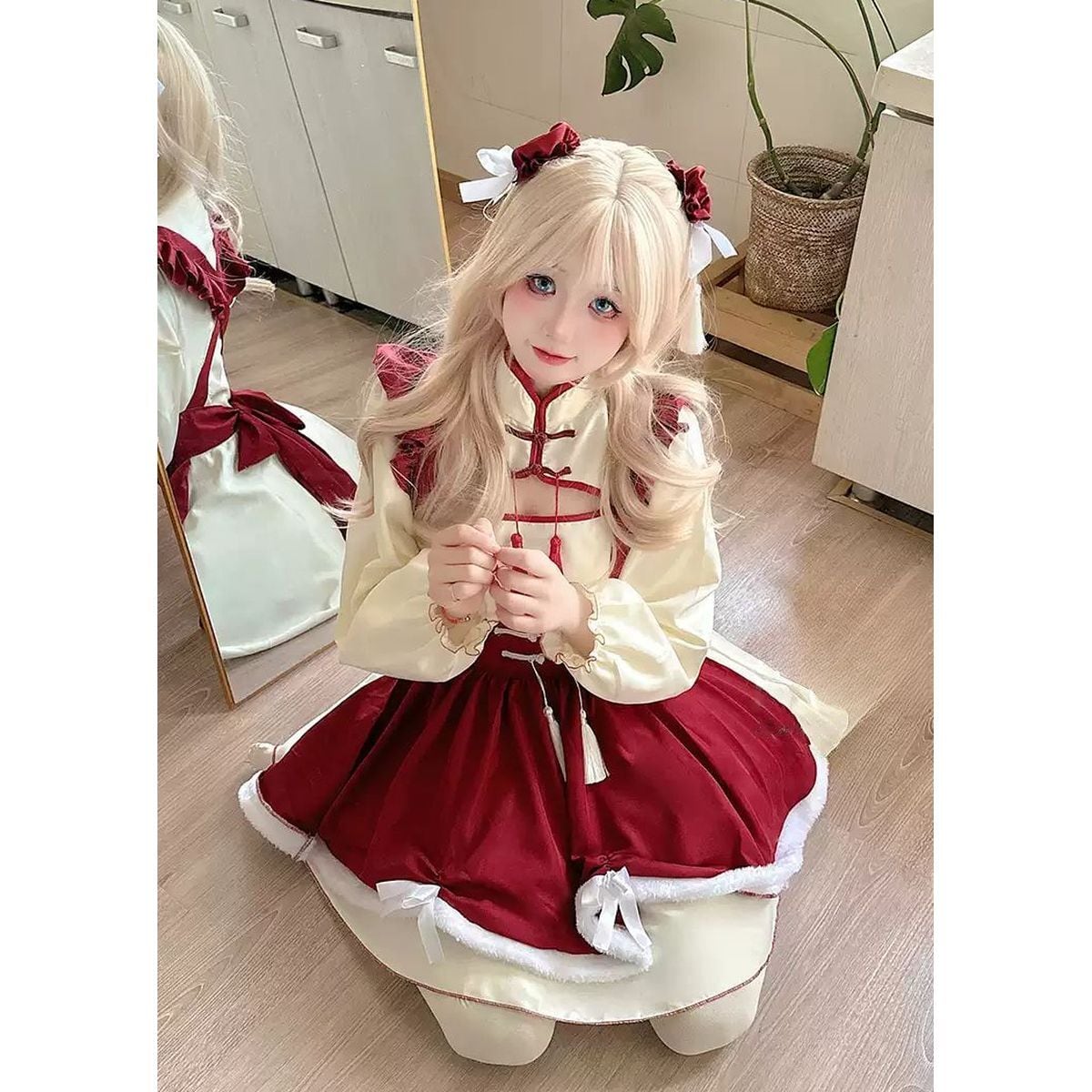 Red Frilled Maid Outfit with Chinese Design