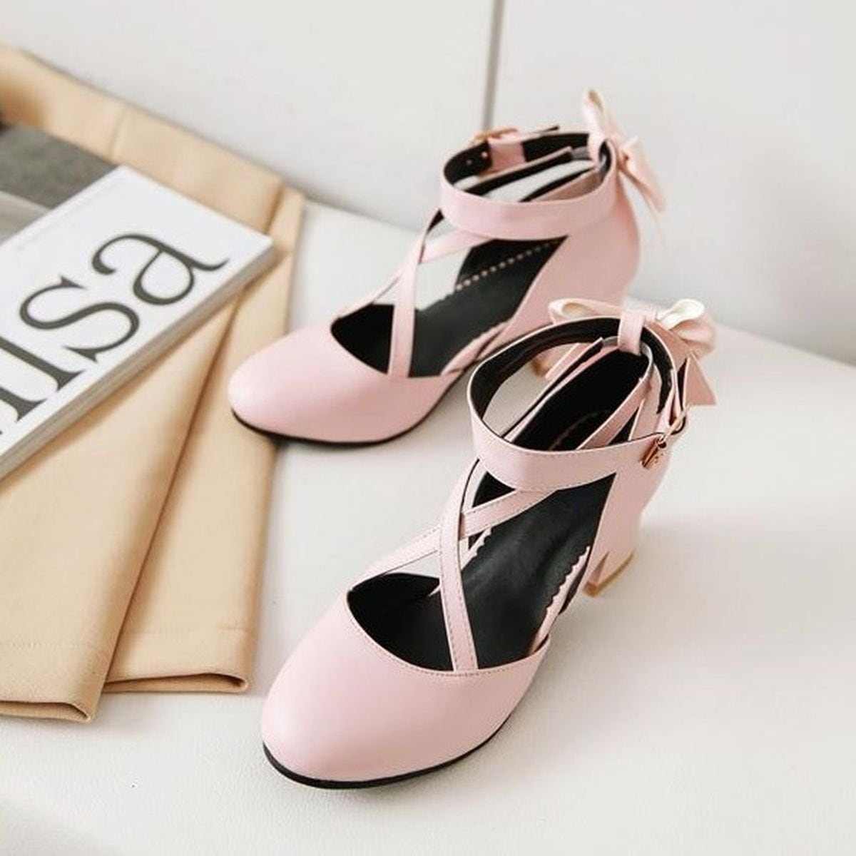 Back Ribbon Cross-Strap Pumps
