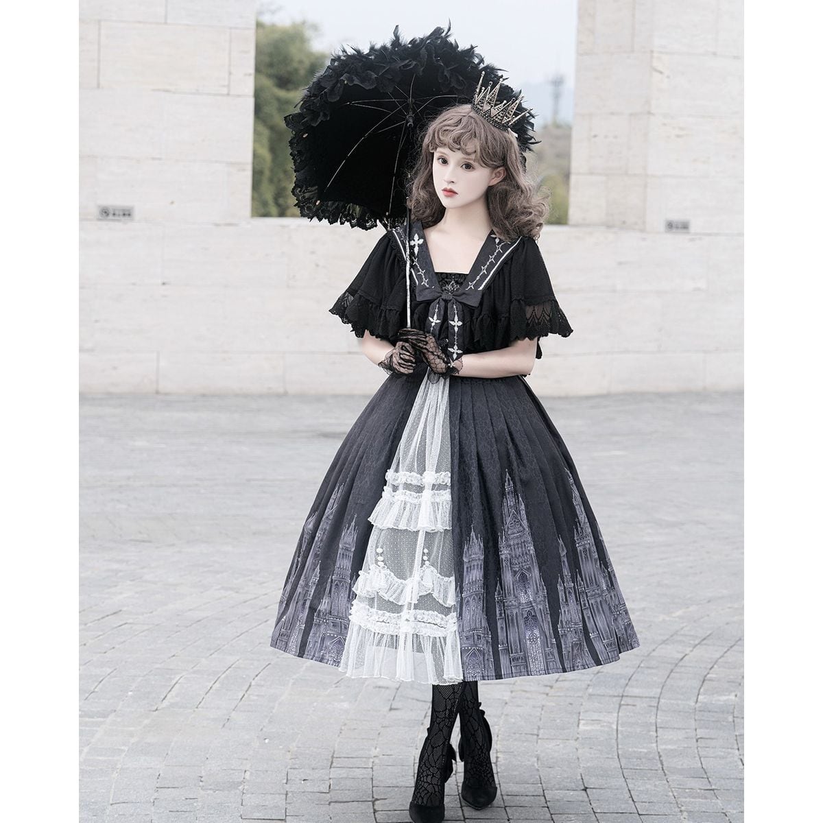 Gothic-Inspired Cape Jumper Skirt Outfit