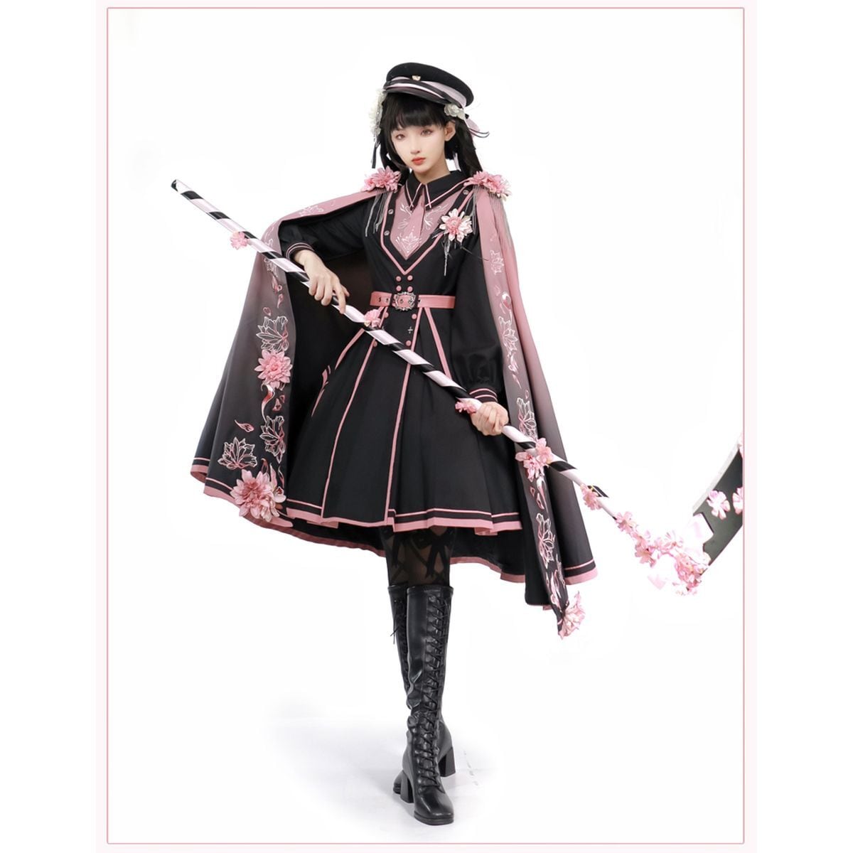 Pink and Black Military Lolita Dress Set