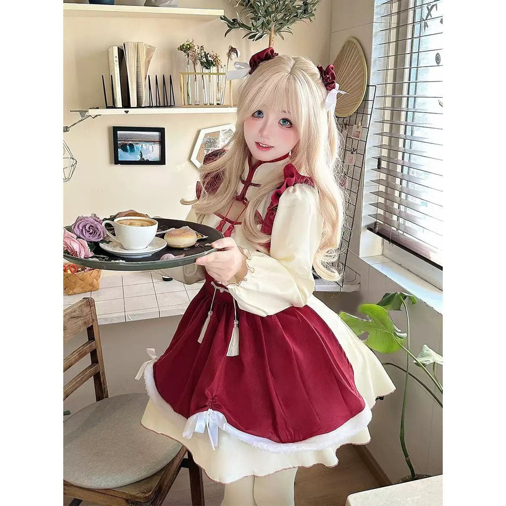 Red Frilled Maid Outfit with Chinese Design