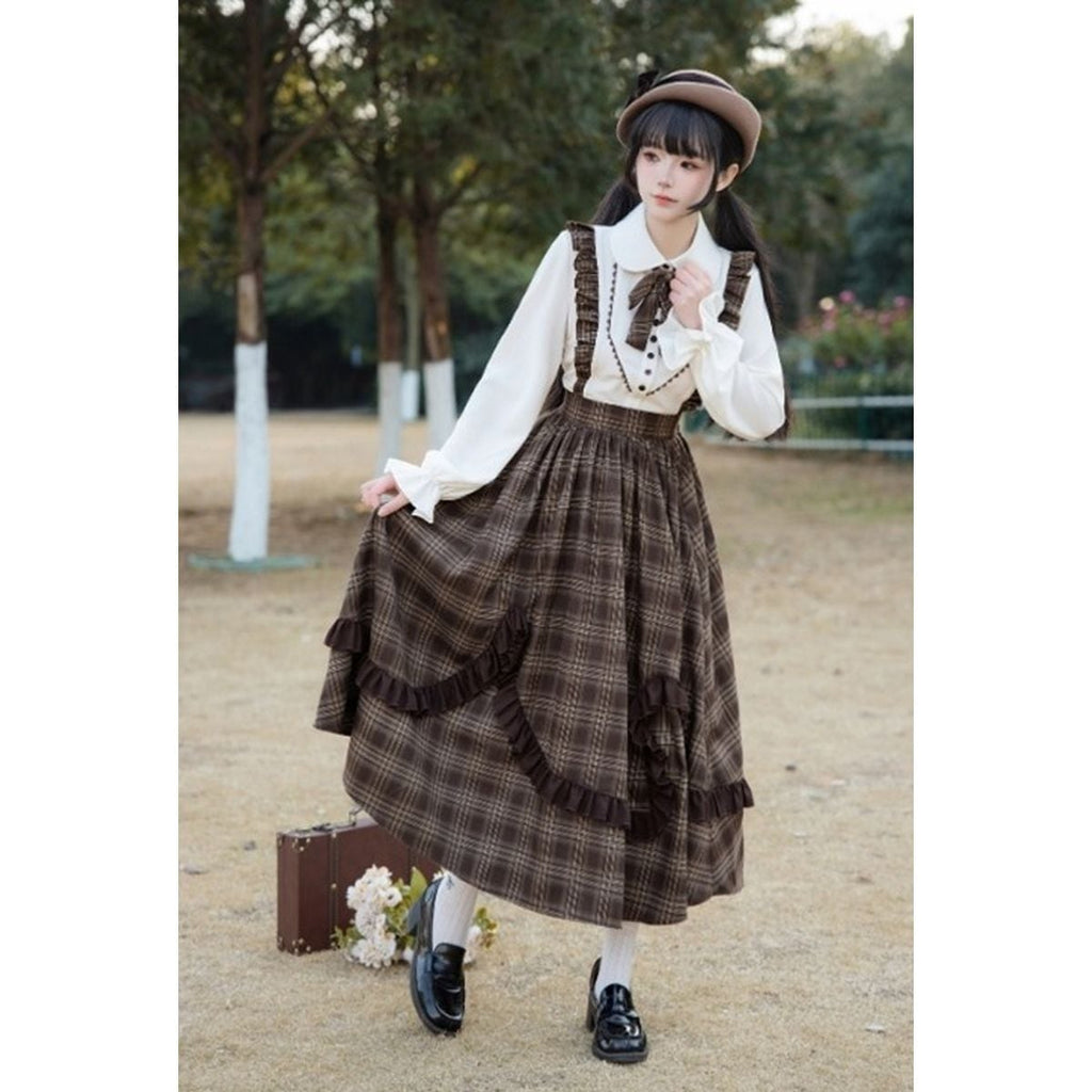 Brown Plaid Jumper Skirt Ensemble