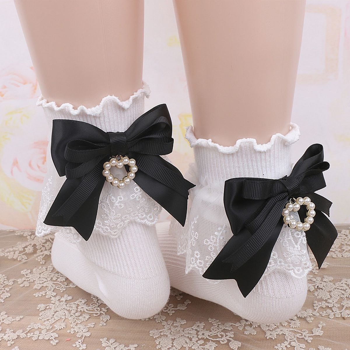 Heart Charm Ankle Socks with Back Bow