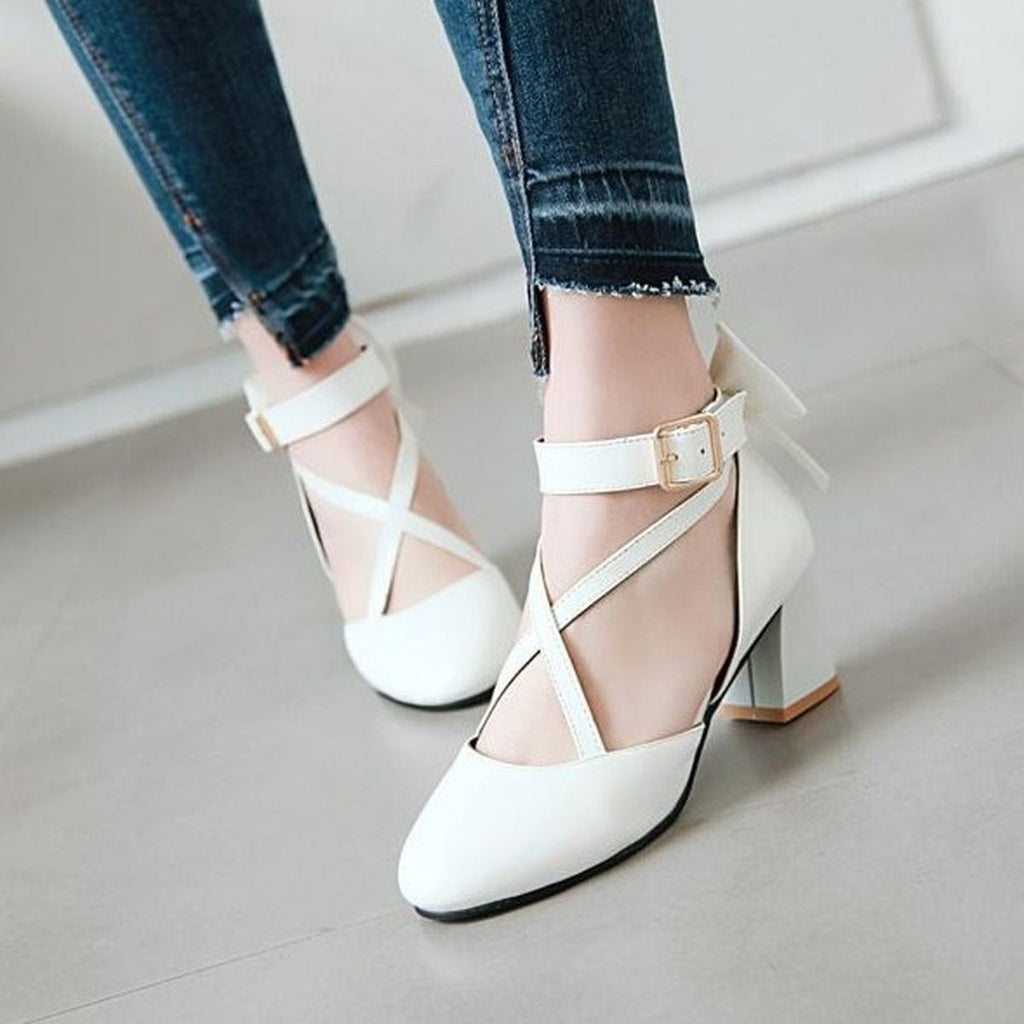 Back Ribbon Cross-Strap Pumps