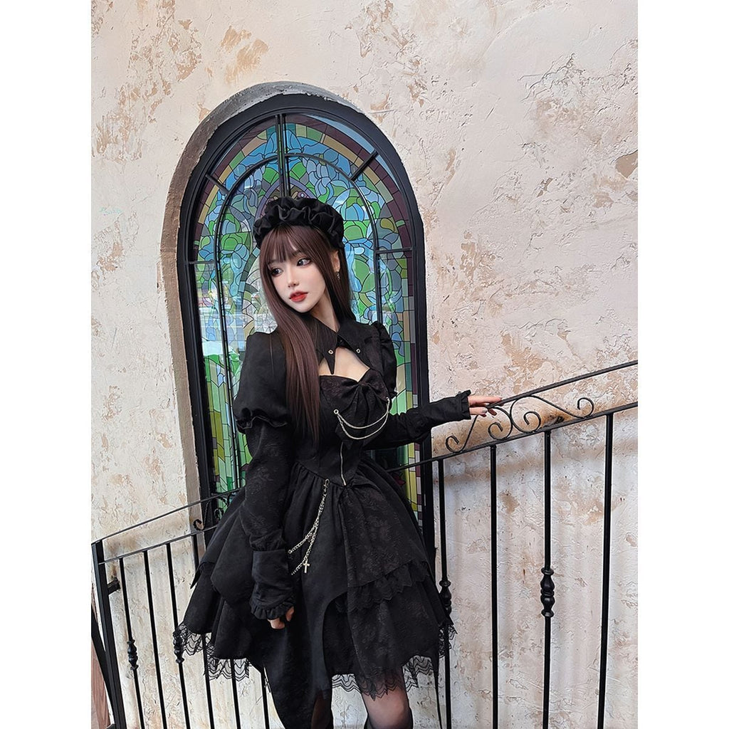 Gothic Chain-Embellished Frill Dress