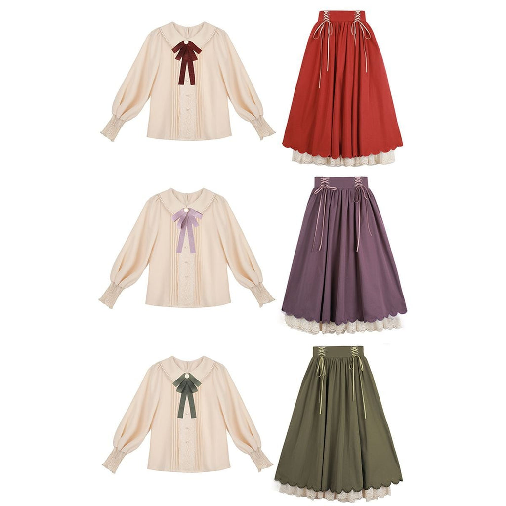 Frilled Sleeve Blouse and Lace-Up Maxi Skirt Set