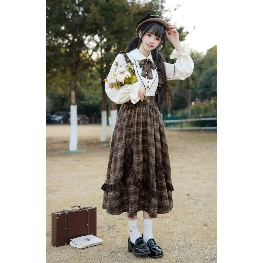 Brown Plaid Jumper Skirt Ensemble