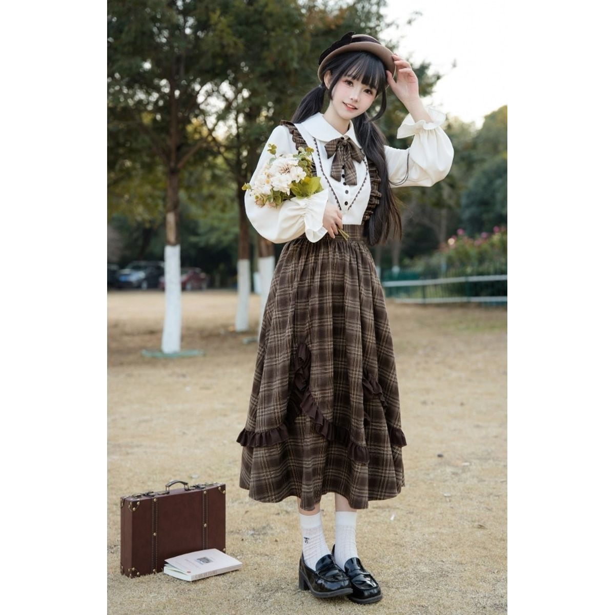 Brown Plaid Jumper Skirt Ensemble