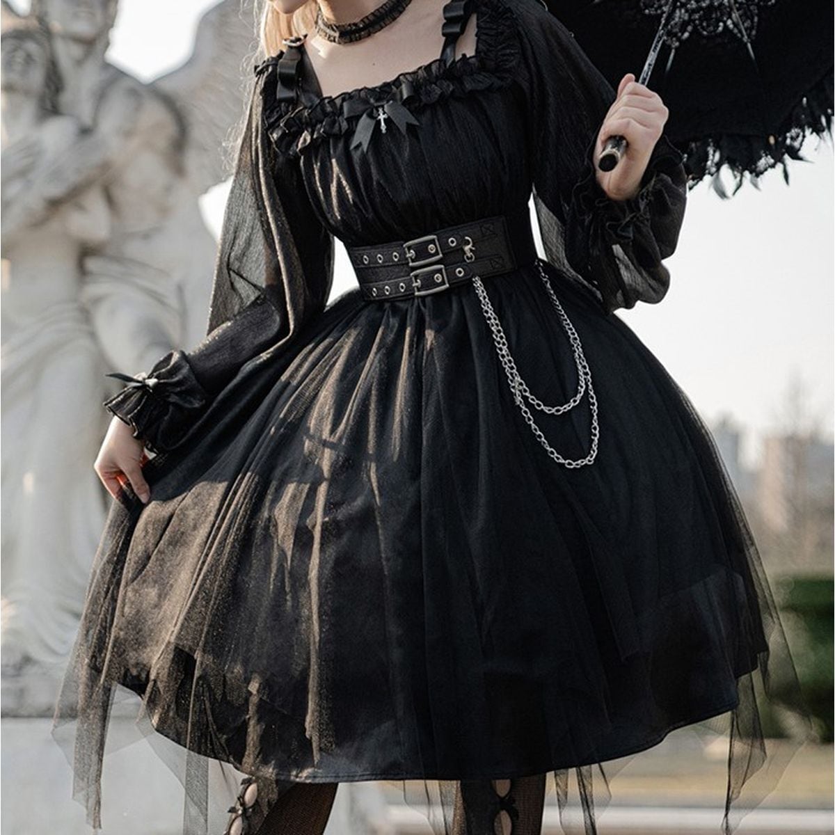 Gothic Off-Shoulder Double Belt Dress