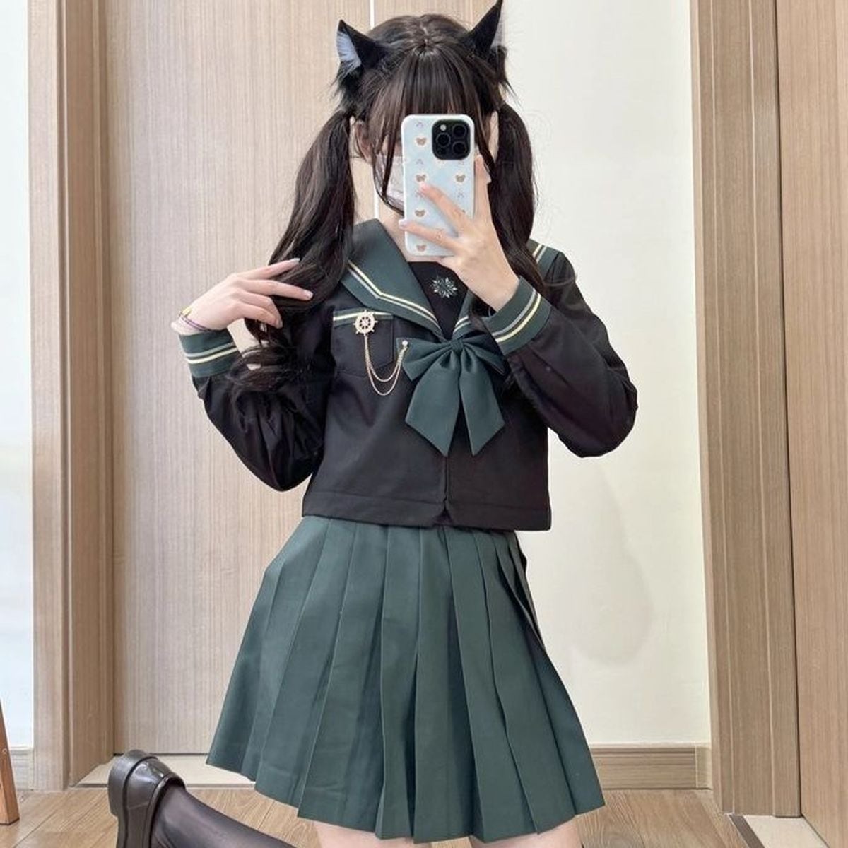 Green x Black School Uniform Ensemble