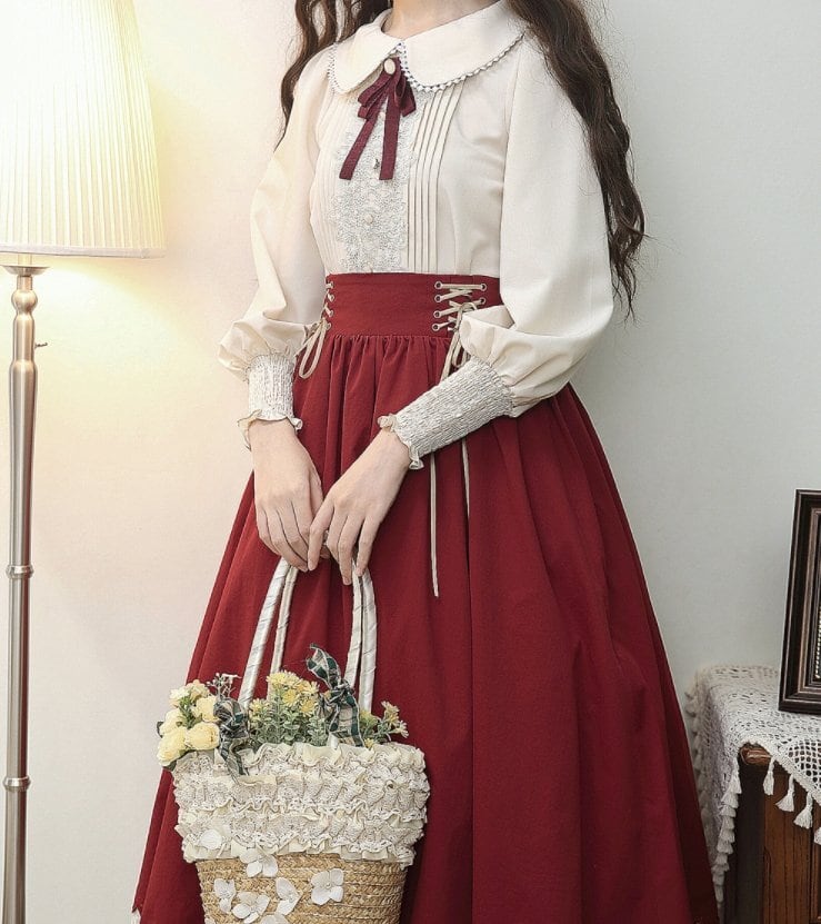 Frilled Sleeve Blouse and Lace-Up Maxi Skirt Set