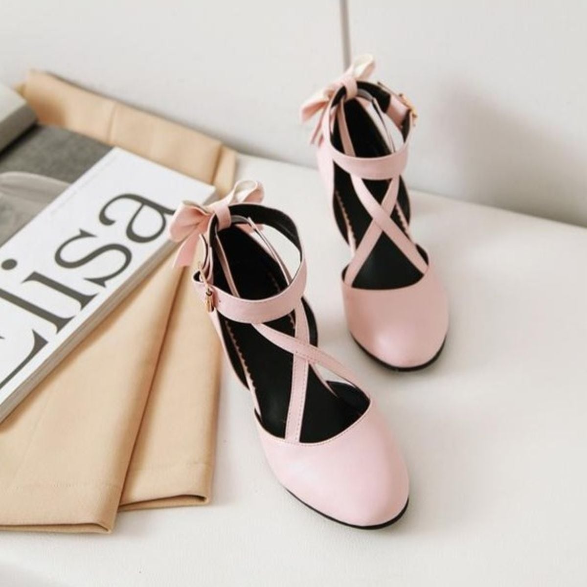 Back Ribbon Cross-Strap Pumps