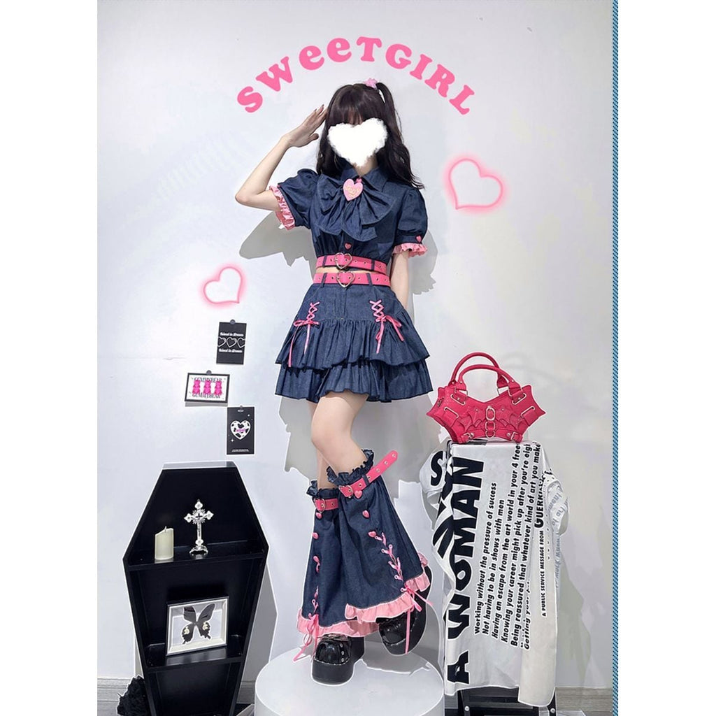 Y2K Mini Skirt Heart Denim Set