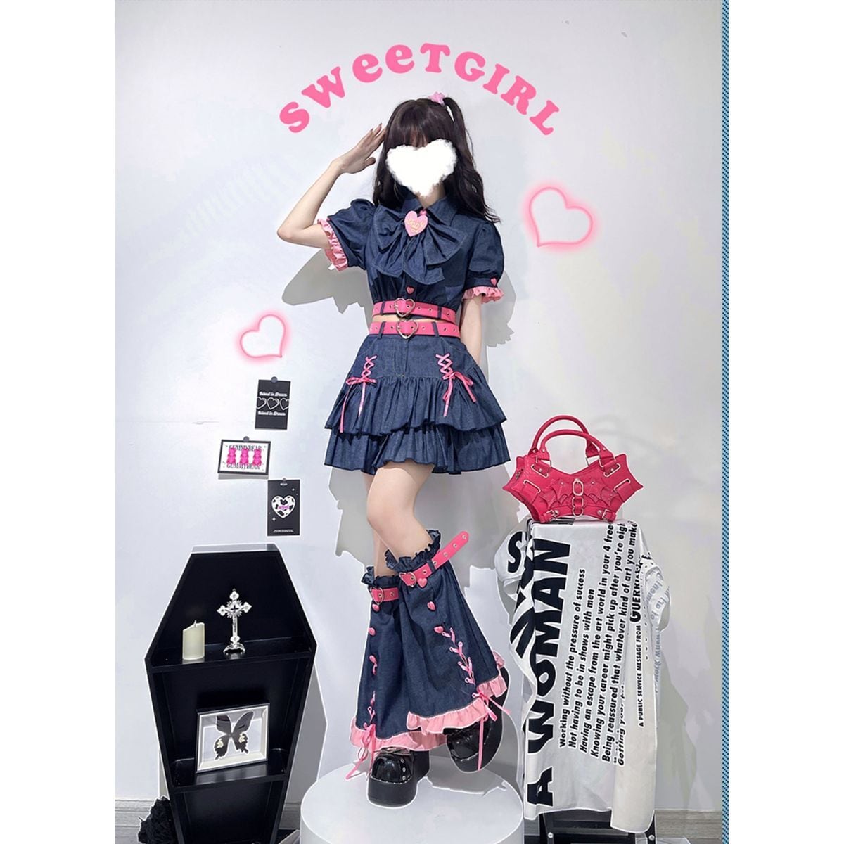 Y2K Mini Skirt Heart Denim Set