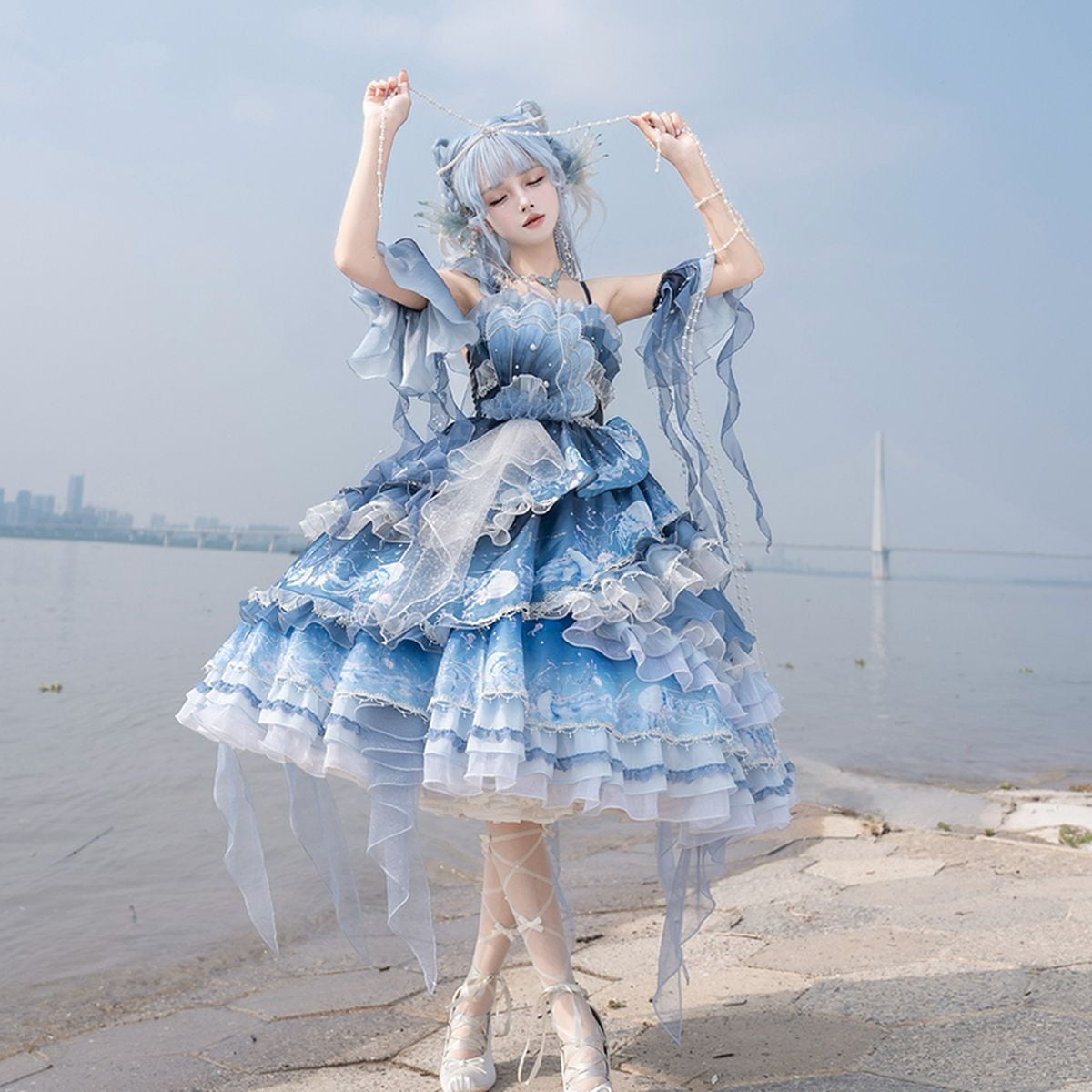Blue Ruffle Gradient Dress Set