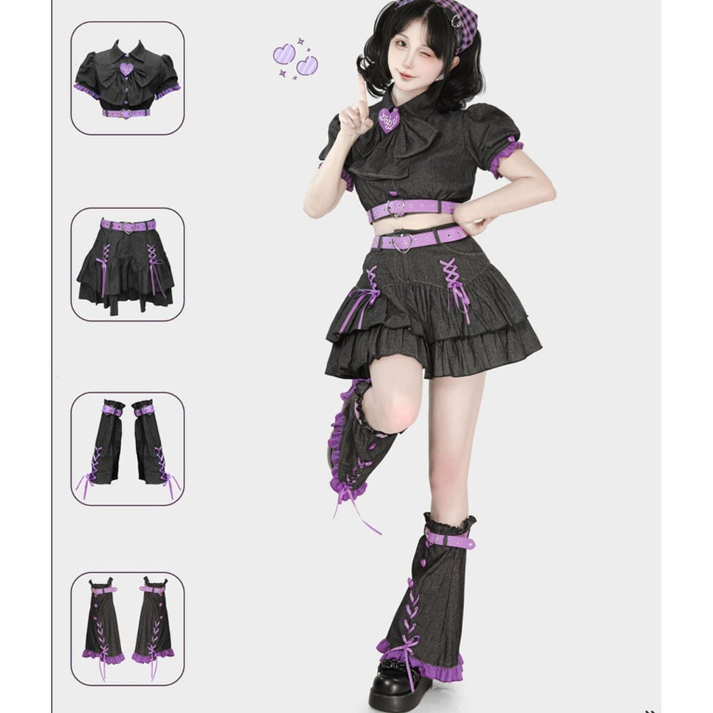 Y2K Mini Skirt Heart Denim Set