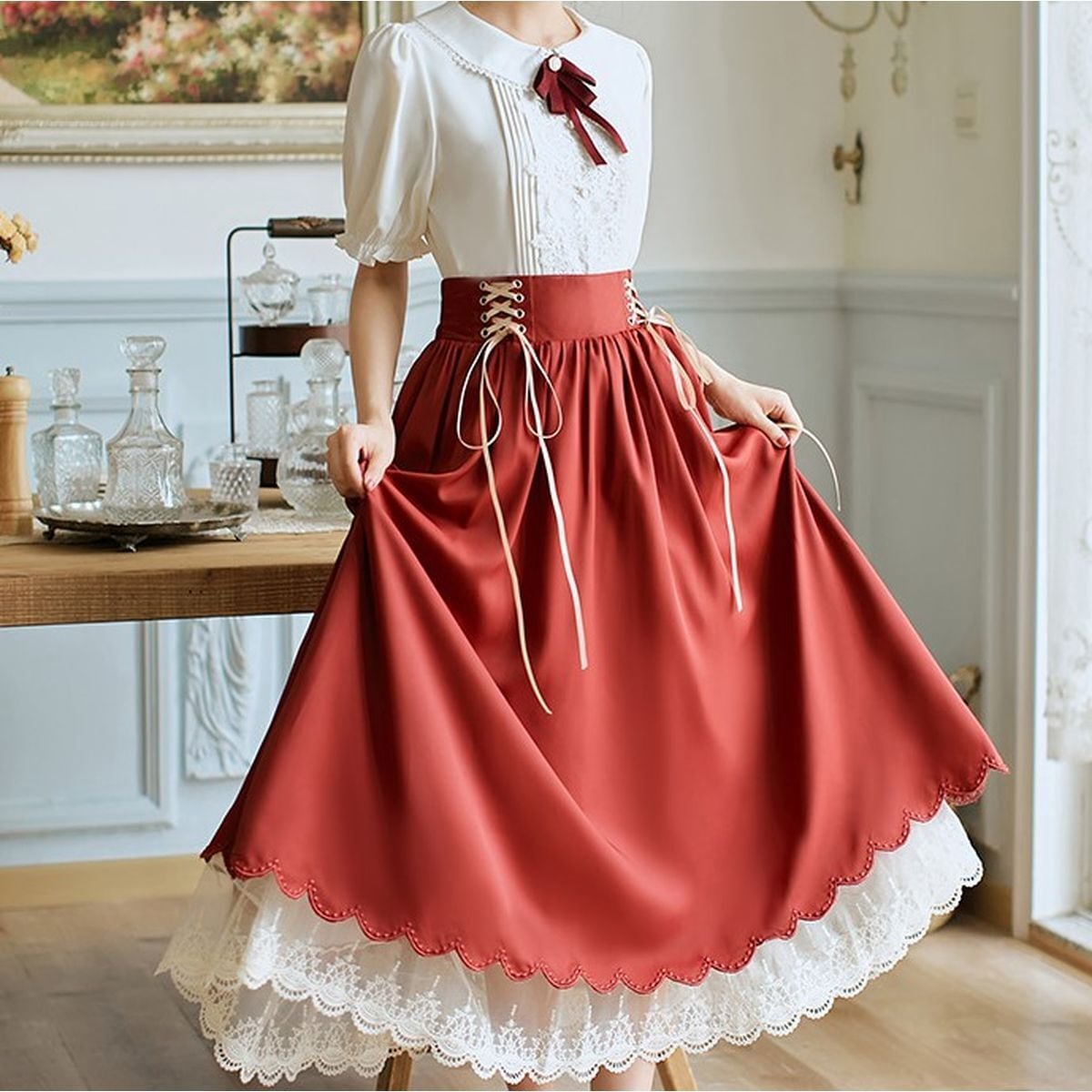 Frilled Sleeve Blouse and Lace-Up Maxi Skirt Set