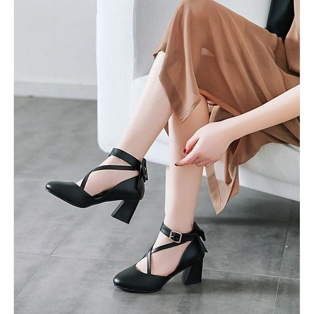 Back Ribbon Cross-Strap Pumps