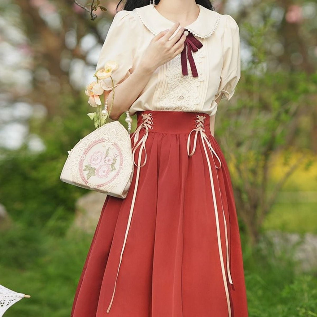 Frilled Sleeve Blouse and Lace-Up Maxi Skirt Set