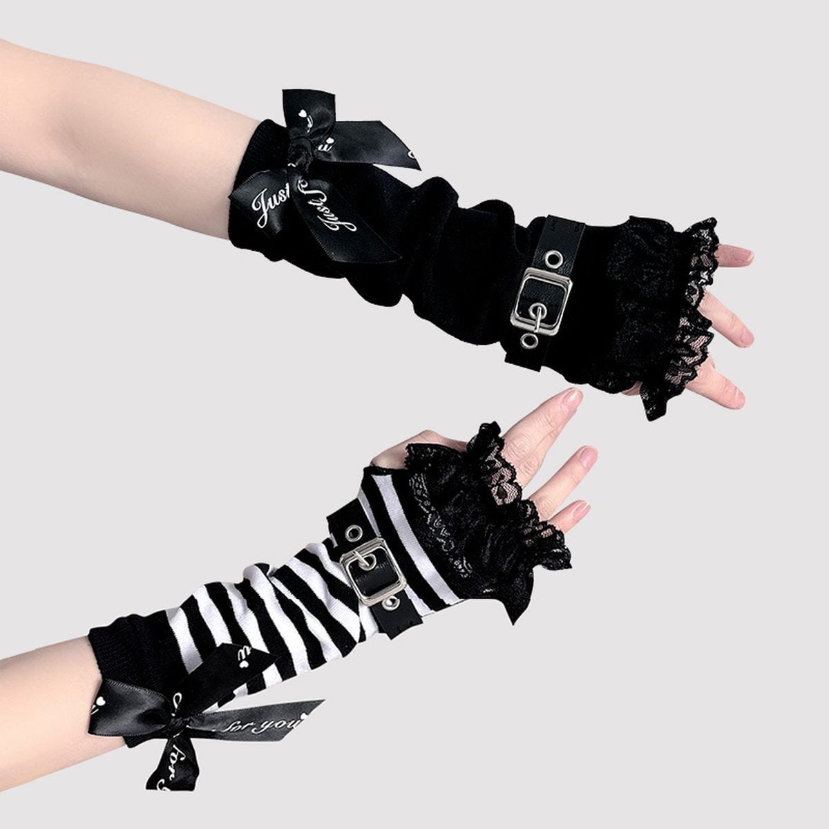 Punk Black Ribbon and Belt Arm Warmers