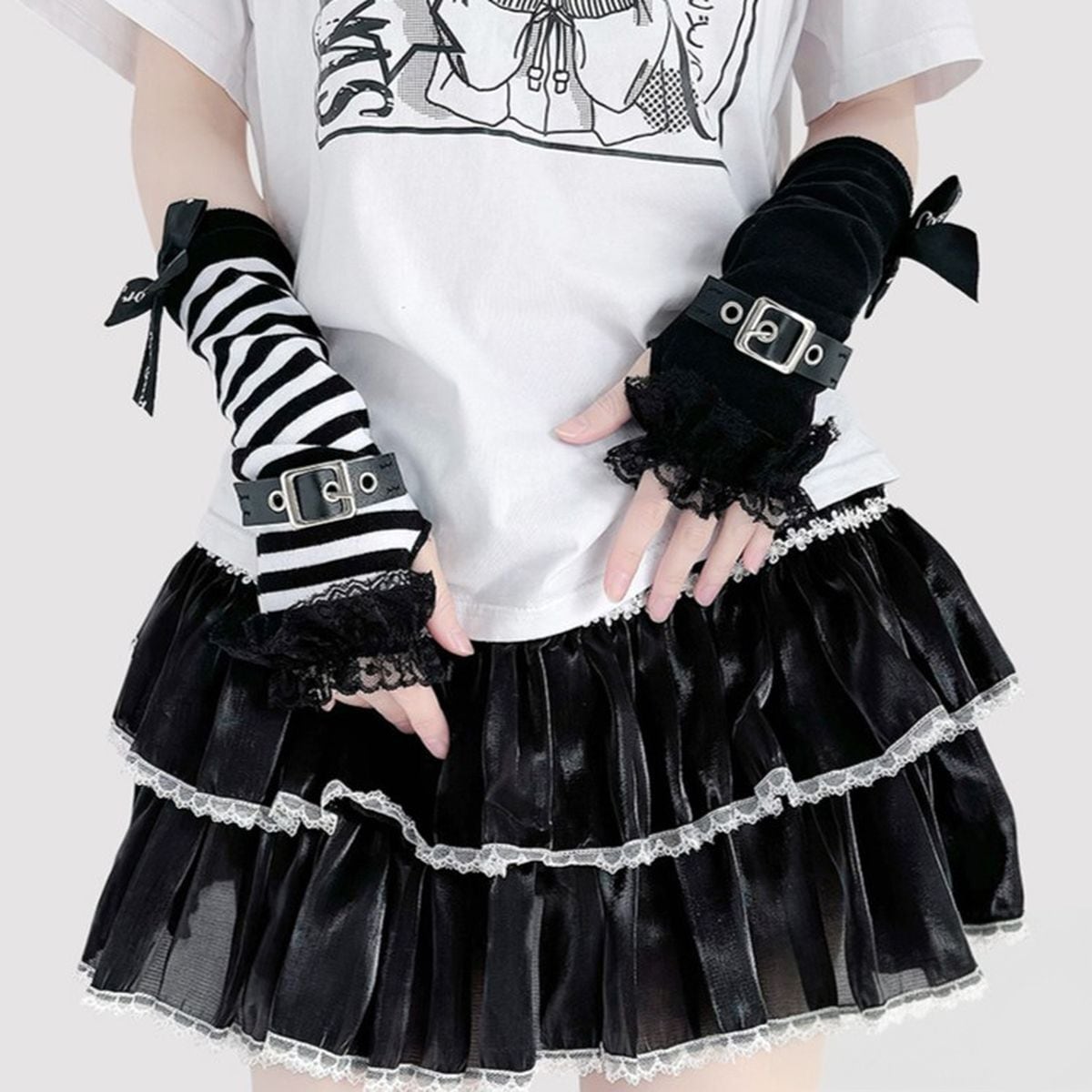 Punk Black Ribbon and Belt Arm Warmers