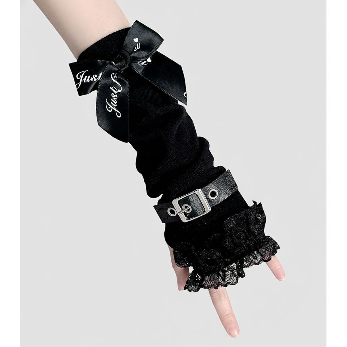 Punk Black Ribbon and Belt Arm Warmers