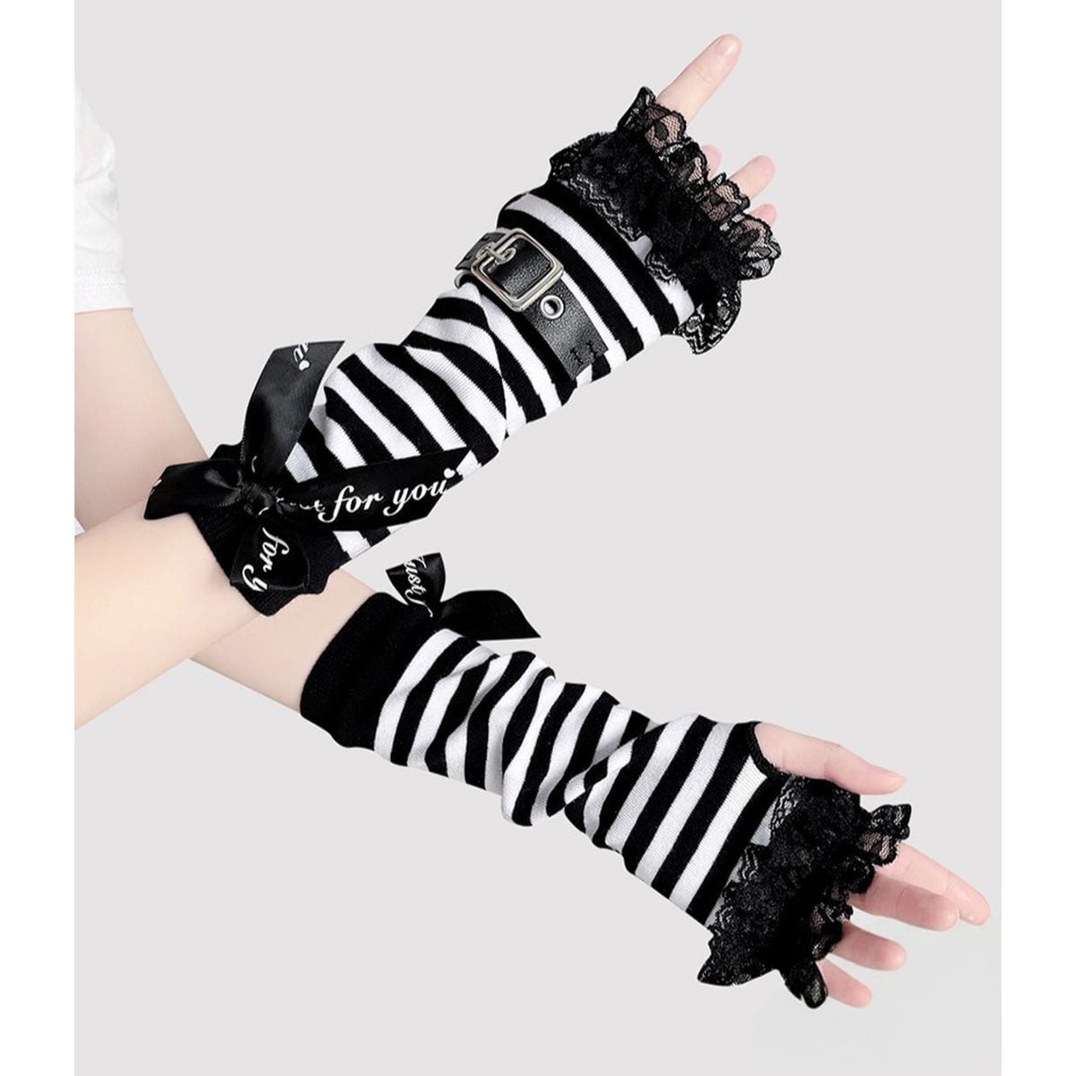 Punk Black Ribbon and Belt Arm Warmers