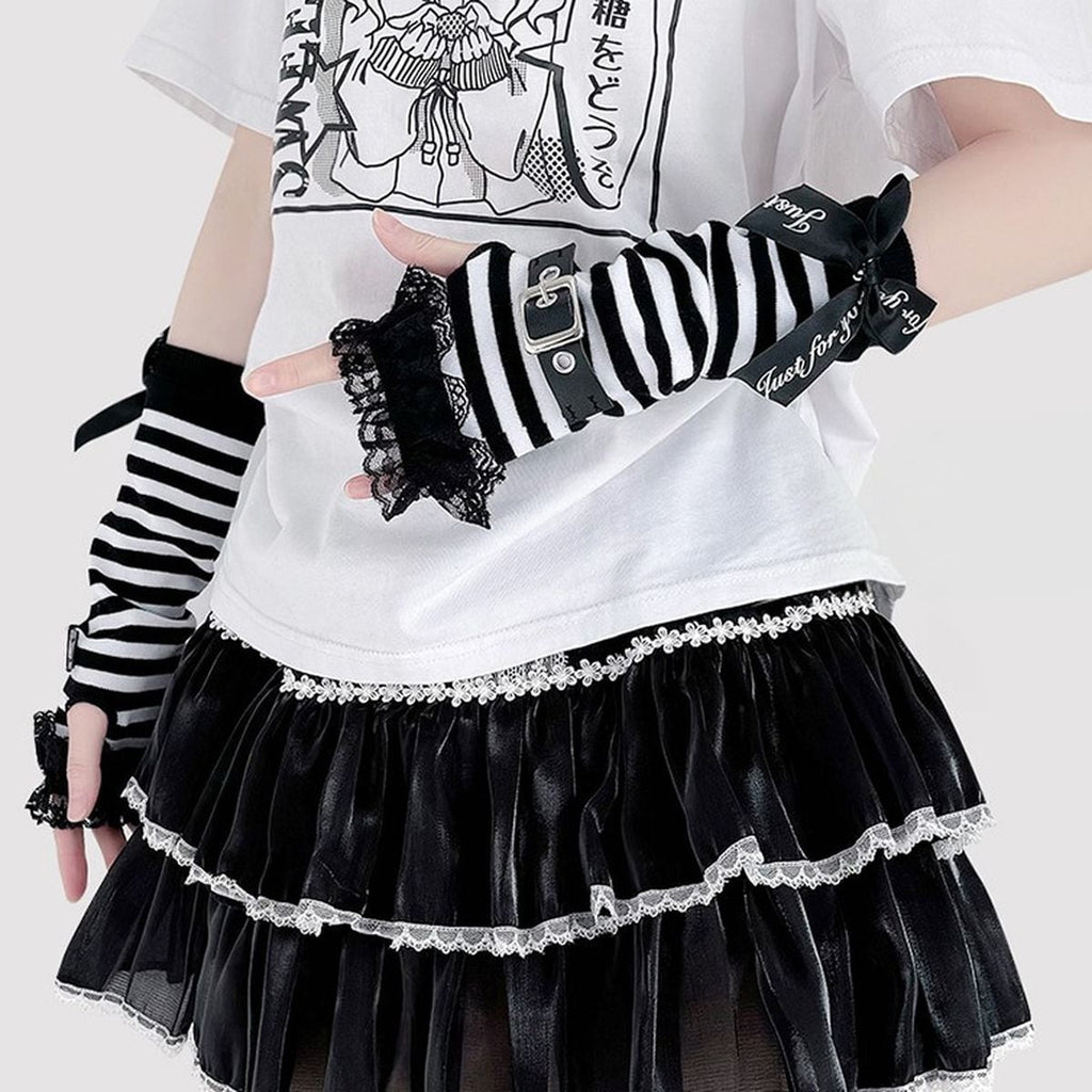 Punk Black Ribbon and Belt Arm Warmers