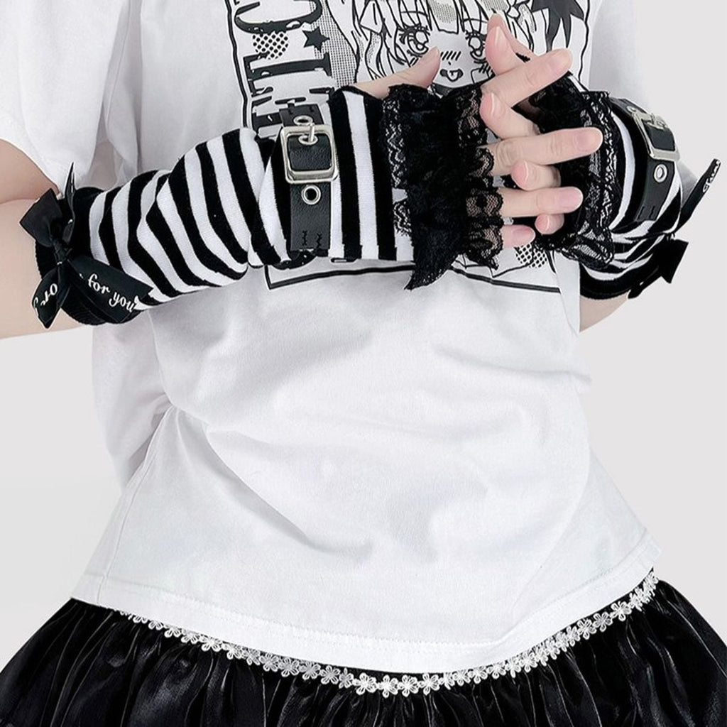 Punk Black Ribbon and Belt Arm Warmers