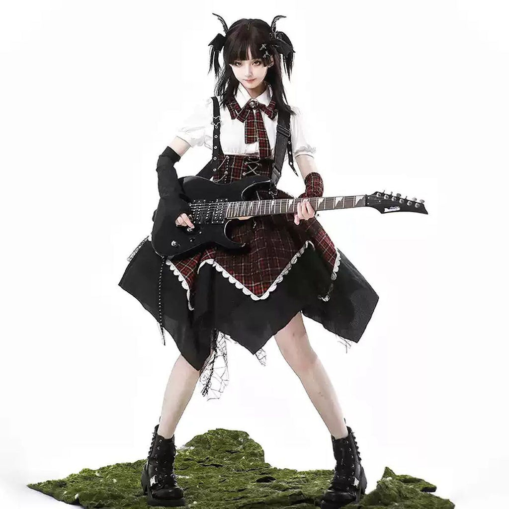 Punk Style Checkered Dress Set