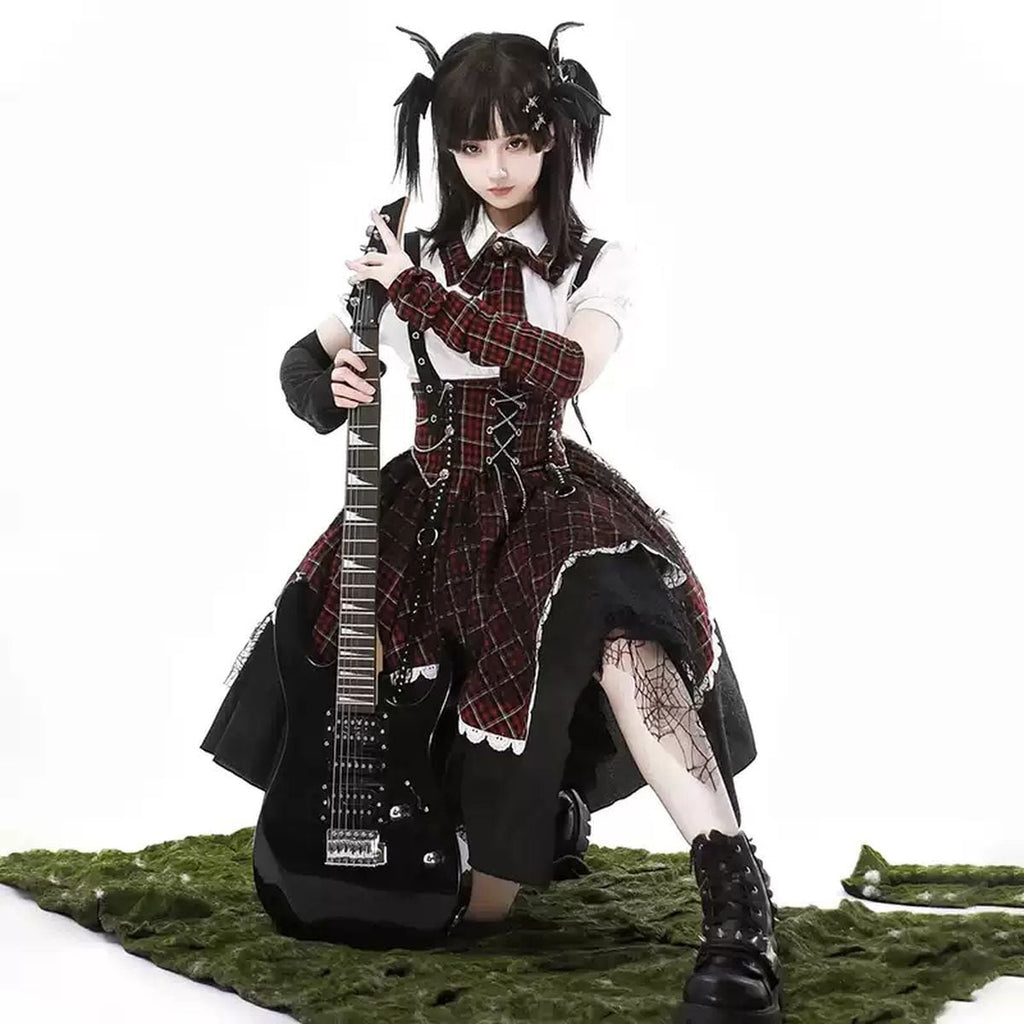 Punk Style Checkered Dress Set